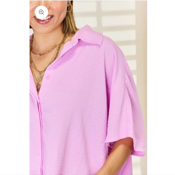 🐚NWOT Zenana "Texture Button Up Short Sleeve High-Low Shirt" Sand Beige🐚 Sz XL - Picture 14 of 14